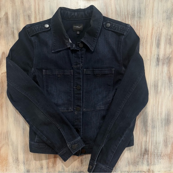 LIVERPOOL Jeans Company Dark Blue Denim Jacket Slightly Cropped Size Medium Moto - Picture 2 of 6